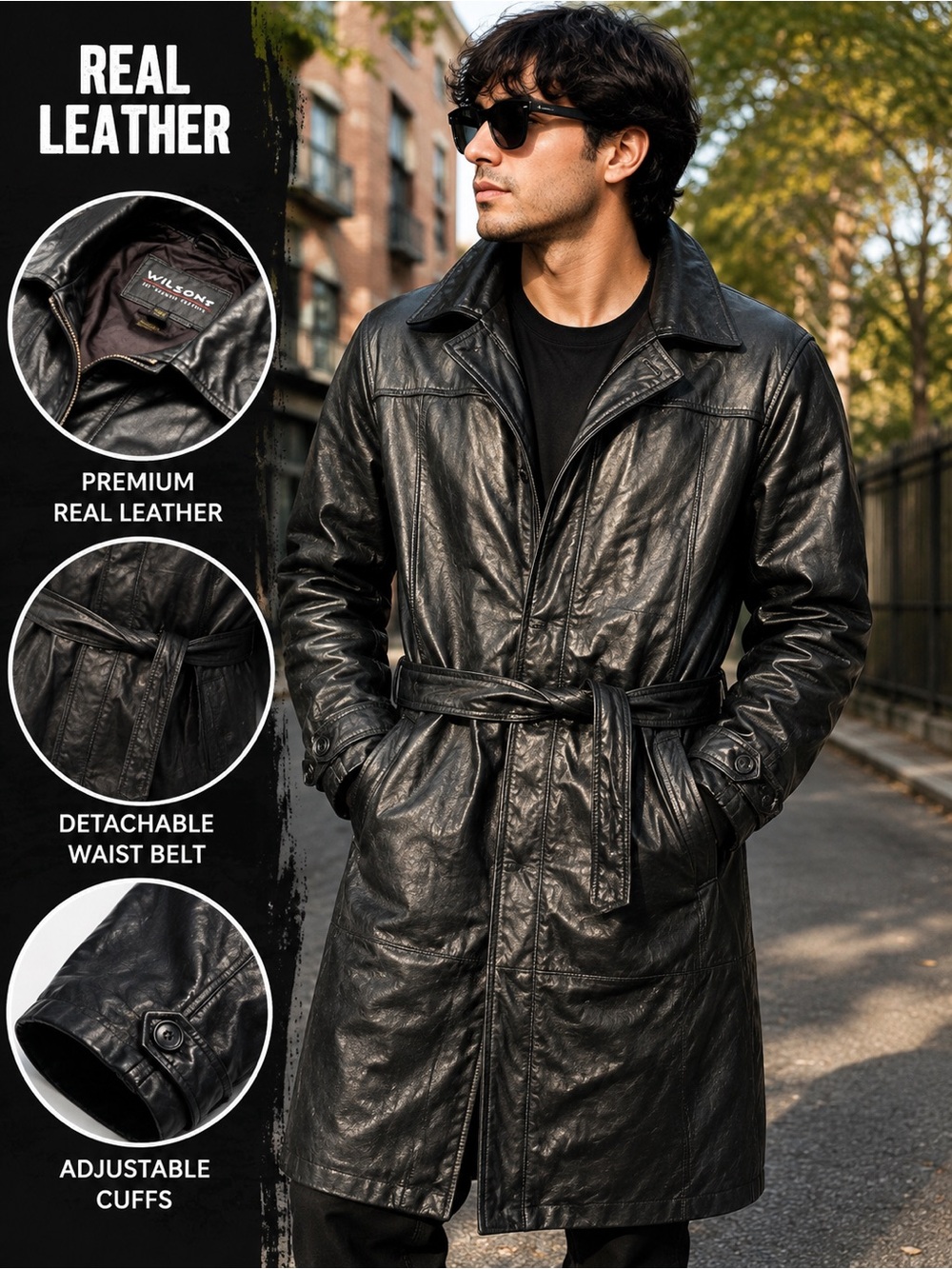 Wilson Black Leather Trench Coat with Detachable Belt